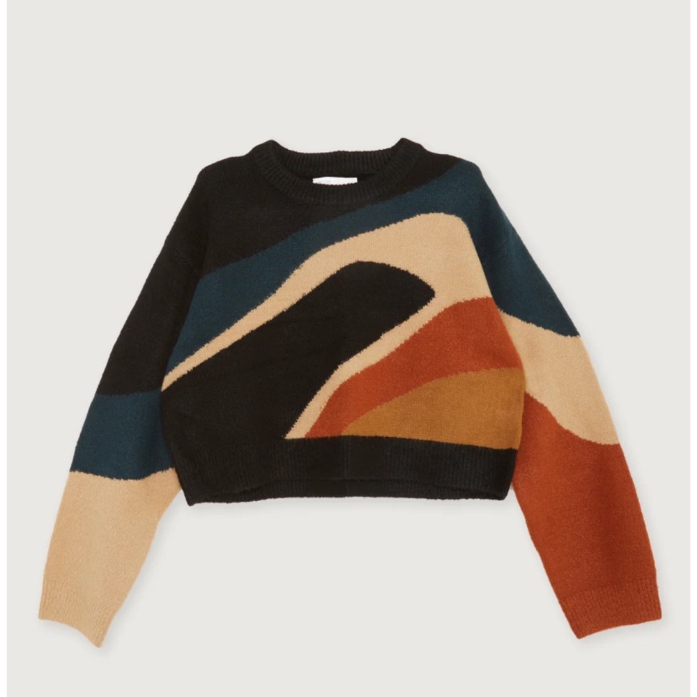OAK + FORT Colorblock Crewneck Sweater in Black, Tan & Rust